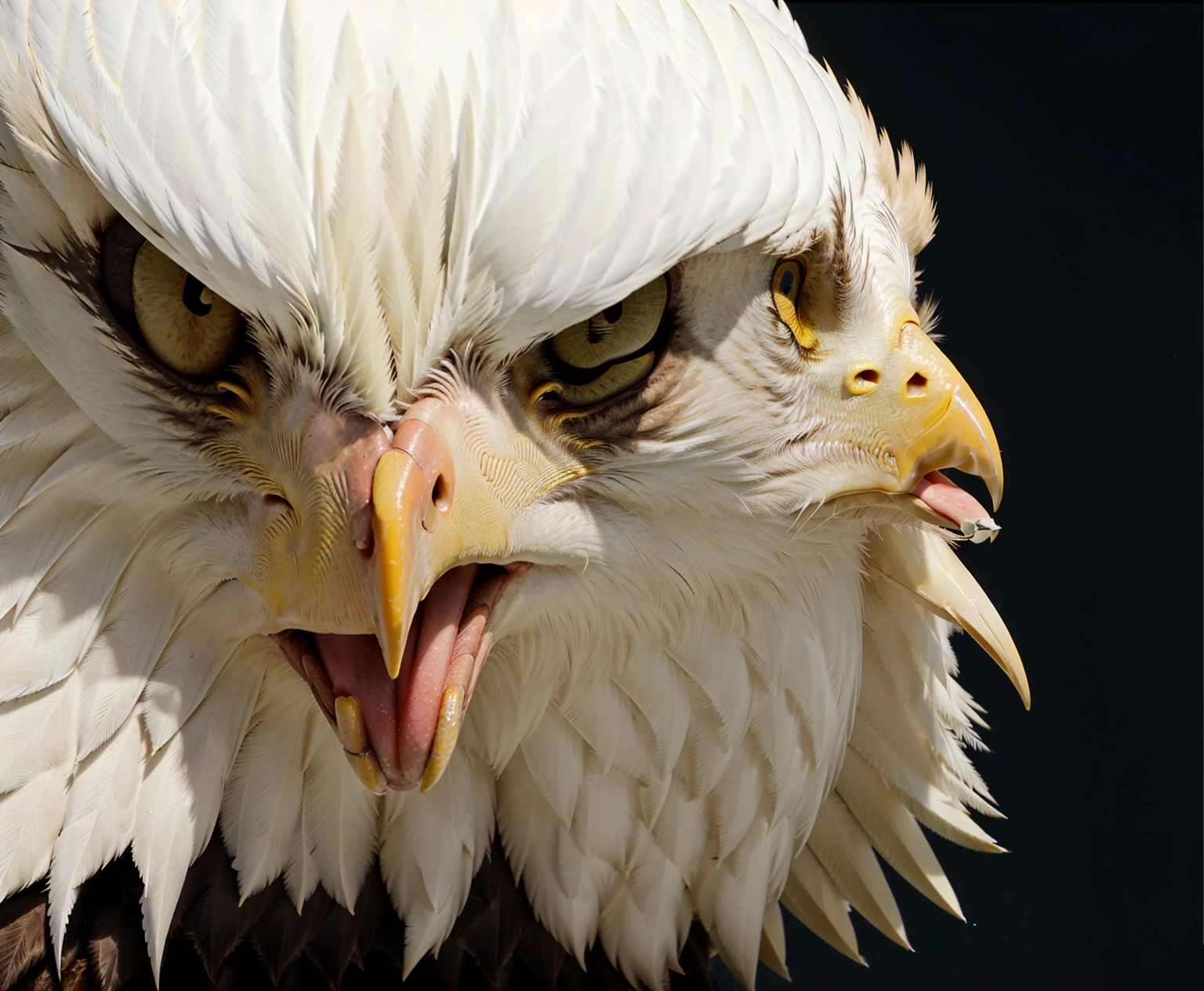 a close-up of a bald eagle with yellow eyes on a black background, intimidating look, annoyed look, annoyed looking, visibly angry, carrancuda, eagle head, intense stare, aggressive look, A rage, looking angry, angry eyes, intimidating look, annoyed looking at camera, with eagle's beak, head of an eagle, intimidating expression