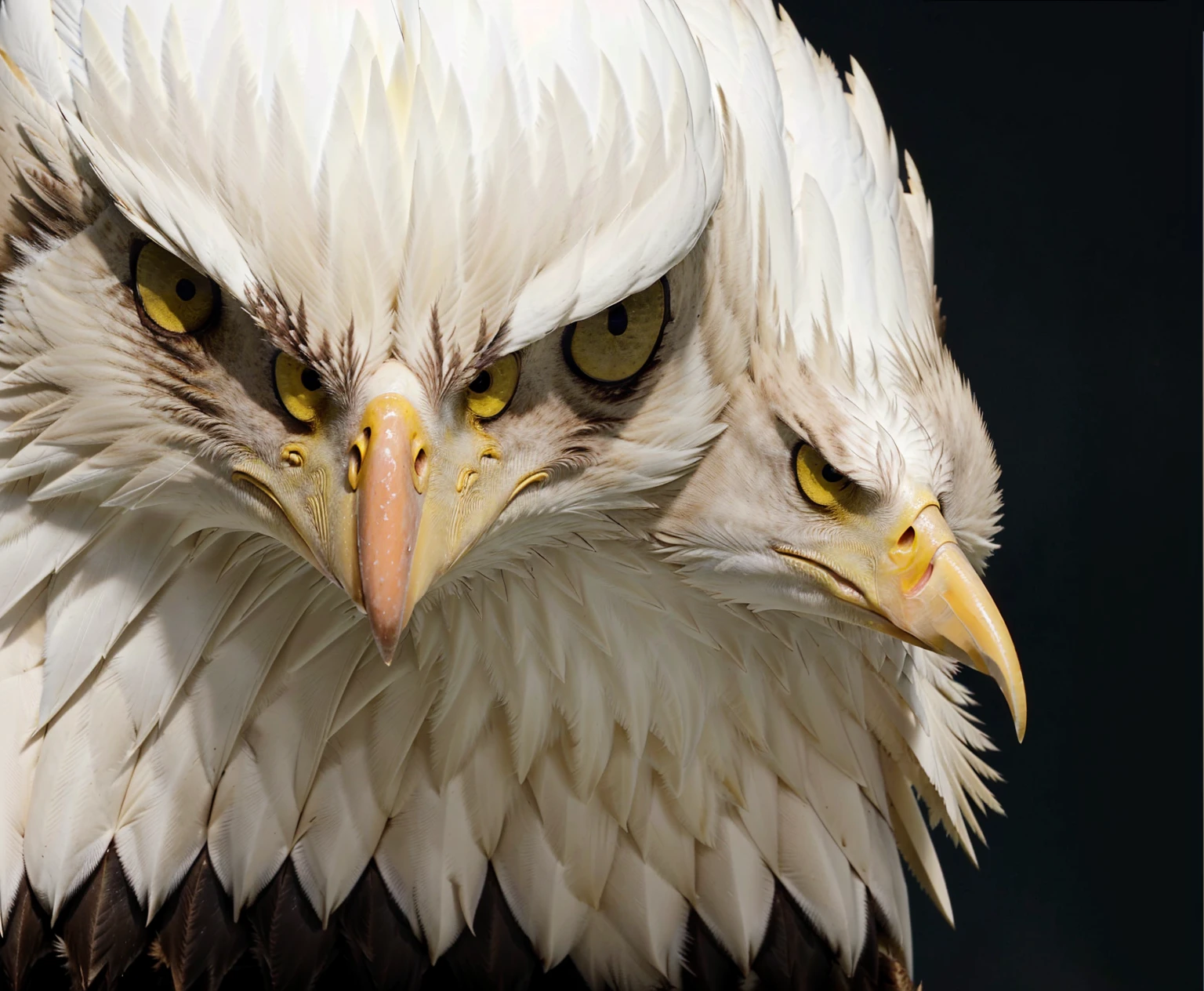 a close-up of a bald eagle with yellow eyes on a black background, intimidating look, annoyed look, annoyed looking, visibly angry, carrancuda, eagle head, intense stare, aggressive look, A rage, looking angry, angry eyes, intimidating look, annoyed looking at camera, with eagle's beak, head of an eagle, intimidating expression