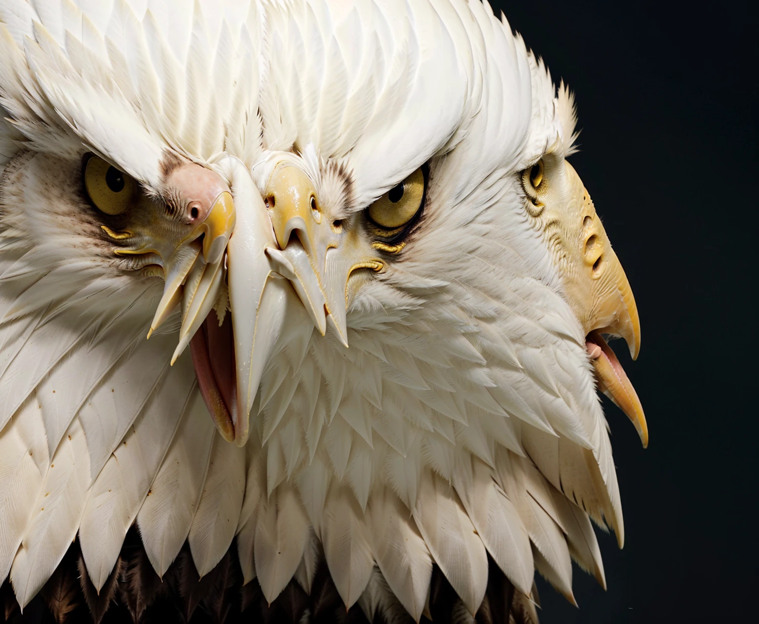 a close-up of a bald eagle with yellow eyes on a black background, intimidating look, annoyed look, annoyed looking, visibly angry, carrancuda, eagle head, intense stare, aggressive look, A rage, looking angry, angry eyes, intimidating look, annoyed looking at camera, with eagle's beak, head of an eagle, intimidating expression