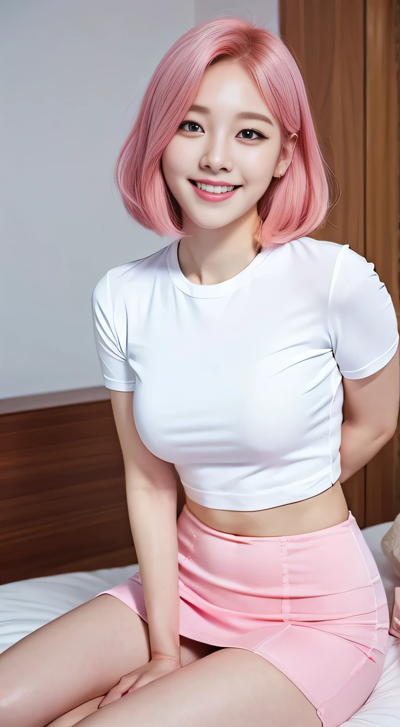 white tight shirt、white tight mini skirt、bed、smile、short sleeve、high resolution、Korean idol face,  pink hair.