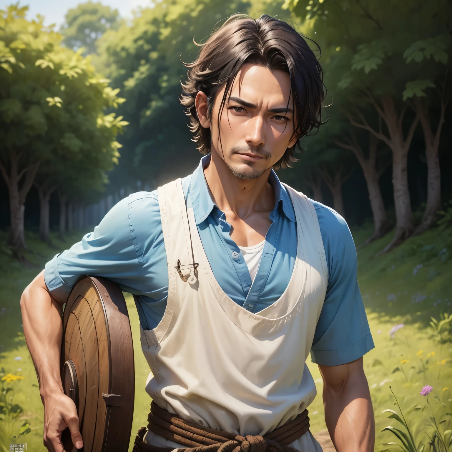 8k, masterpiece, best quality, realistic, higly detailed, 1man, 48 years old man, male, solo, Austin Gardden, Takashi Mitsuya from Tokyo Revengers, Akaza from Kimetsu no Yaiba, Brazilian features, dnd, d&d, dungeons and dragons, dungeons & dragons, rpg, ttrp, human, farmer, npc, tanned skin, light blue short hairs, brown eyes, farmer outfit, farmer clothes, medieval, light blue short hair, poor, brazilian features, simple farmer clothes, brazilian features, simple farmer clothes, brazilian features, simple farmer clothes, brazilian features, simple farmer clothes, brazilian features, simple farmer clothes, brazilian features, simple farmer clothes, solo