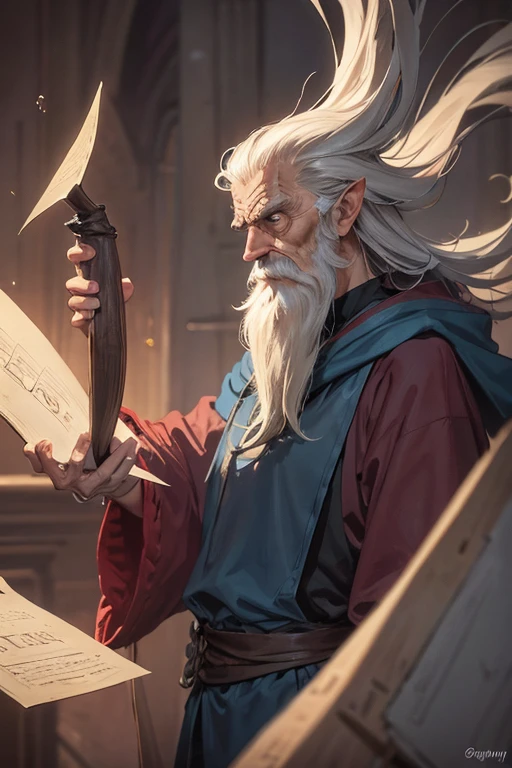 grumpy old wizard, skinny, lanky, long ruffled whispy hair
