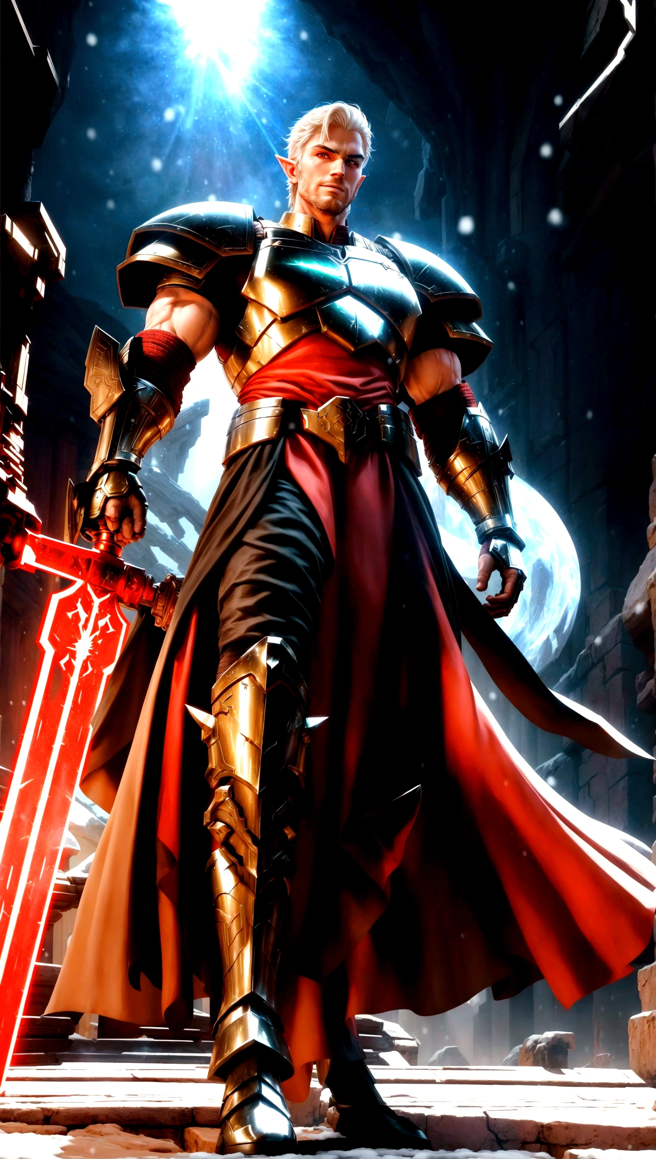 full body shot, star wars, 3d shading, tall brawny muscular, pale white skin, snow elf, subtle grin, long scarlet red tied back hair, thick eyebrows and stubble, red eyes, holding his twohanded claymore greatsword the large green plasma blade, black half plate armor with a Pauldron and dark brown leather accents, bright space station background