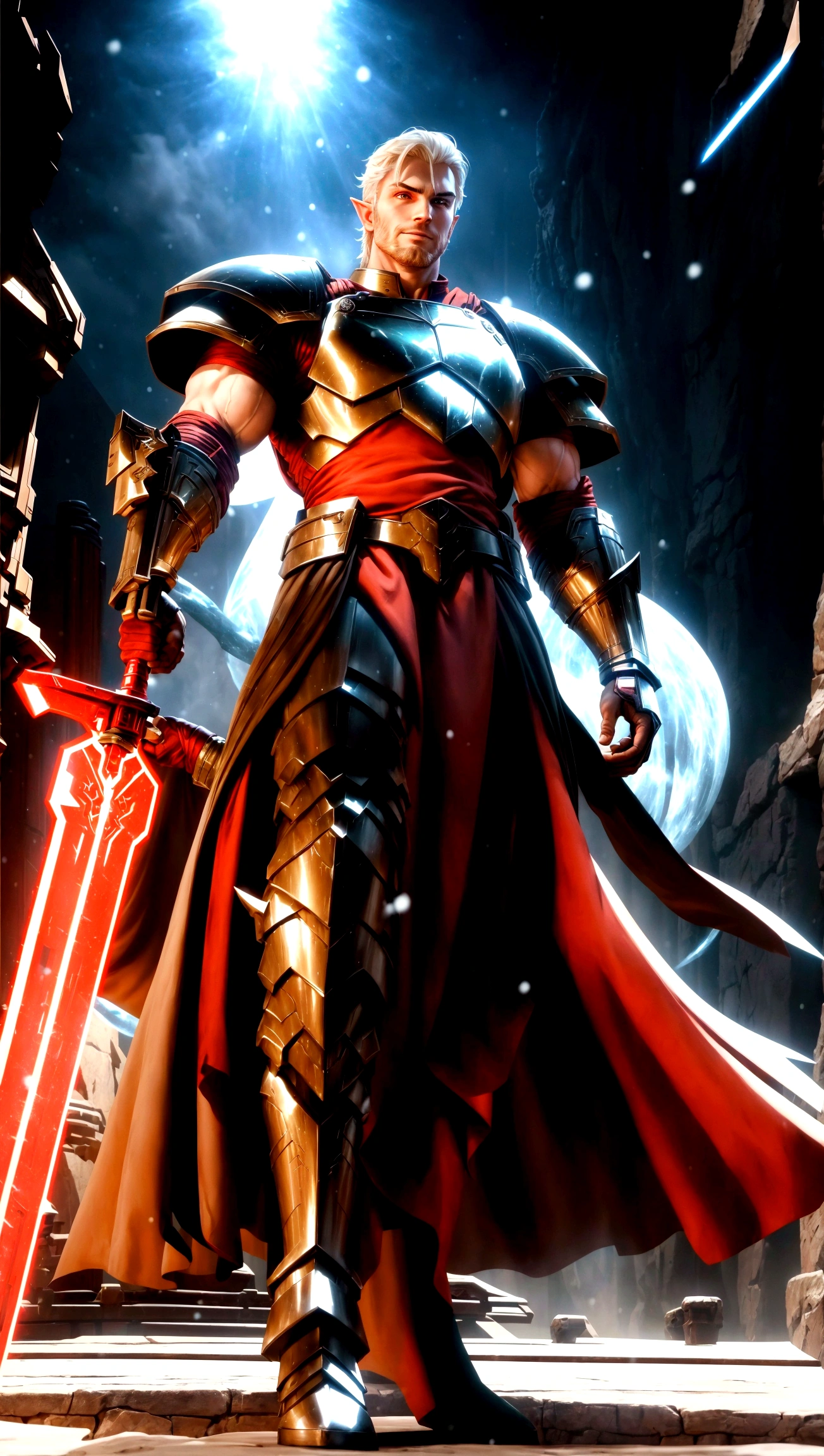 full body shot, star wars, 3d shading, tall brawny muscular, pale white skin, snow elf, subtle grin, long scarlet red tied back hair, thick eyebrows and stubble, red eyes, holding his twohanded claymore greatsword the large green plasma blade, black half plate armor with a Pauldron and dark brown leather accents, bright space station background