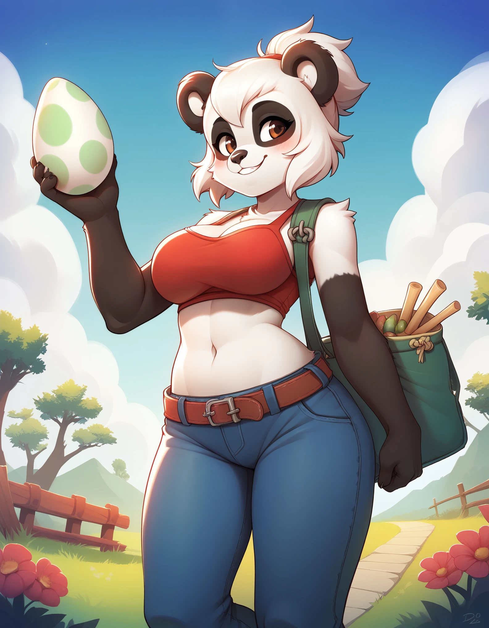 dofus, score_9, score_8_up, score_7_up, dofus, solo, pandawa, pandz,, blush, 1girl, navel, holding a shiny egg, animal ears,  smiling, solo, large breasts, outdoors, sky, pants, , furry, , body fur, over shoulder, white fur, animal nose,,  