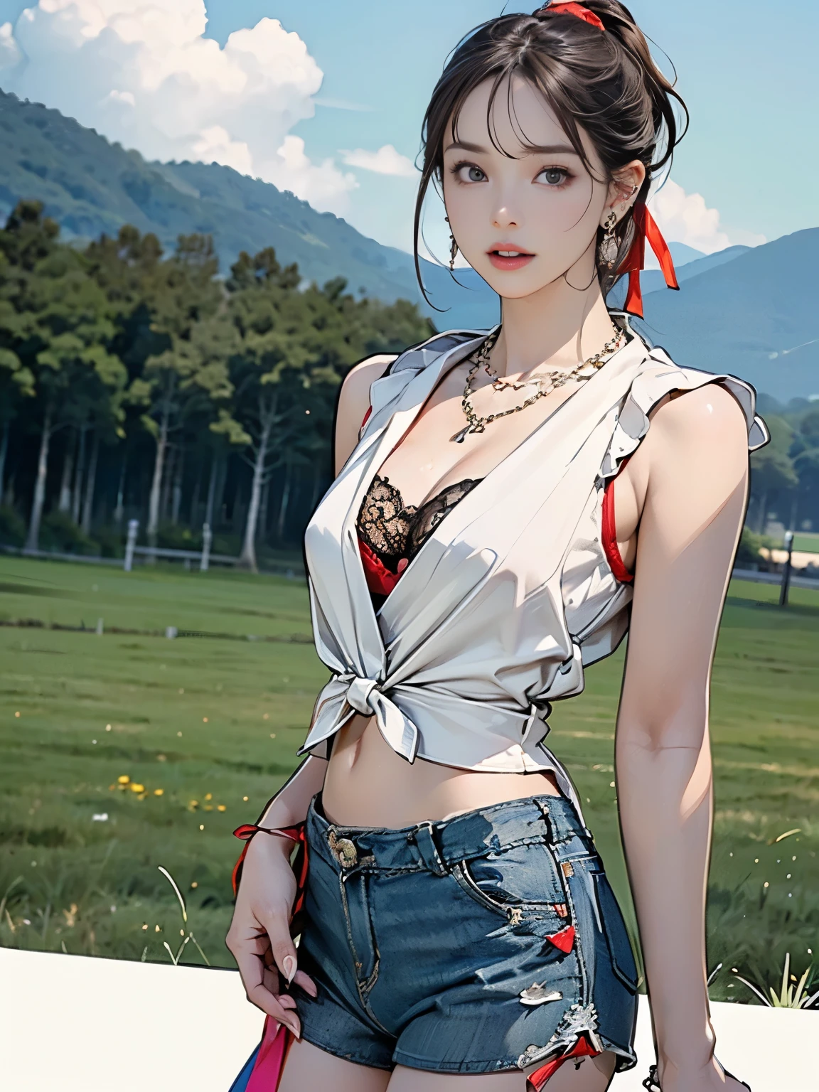 ((((Highest quality))))、(((Ultra-precision CG16K wallpaper)))、(((masterpiece)))、(((Super detailed)))、(((Extreme detail)))、((1Mature 29 year old woman:1.6))、((Very beautiful Japan face of a person))、((Urizane Face:1.8))、((Soft wavy ponytail medium hair:1.5))、(Shiny Hair)、A delicately drawn beautiful face、(Dark Eyes、Reflected light from the eye)、double eyelid、High nose、Small nostrils、Small Mouth、Seductive lips、Beautiful breasts、((C cup size breasts))、Cleavage、Delicate nails、Beautiful feet、Thin thighs、eight-headed body、Perfect proportions、Perfect Anatomy、Perfect composition、Beautiful detailed shading、Beautiful, natural lighting、Beautiful detail glow、Depth of written boundary、(((High chroma)))、(((Real:1.9)))、((vivid:1.5))、((Beautiful Skin))、((Skin Texture))、((Realな皮膚感))、(((Cowboy Shot:1.6)))、(((front view、shoot from front、front low angle:1.6)))、(((Half-open mouth、Puzzled face:1.4)))、(((looking at viewer:1.6)))、Bright daylight、Natural light、(((background_Grass Square、Mountain、Sky and Clouds:1.5)))、(Gravure idol standing pose:1.6)、(((Sleeveless cropped open collar shirt&Low rise yoga shorts clothing:1.6)))、((Scrunchie Ribbon、necklace、Wearing earrings:1.5))、((Lace Stockings Clothed))、