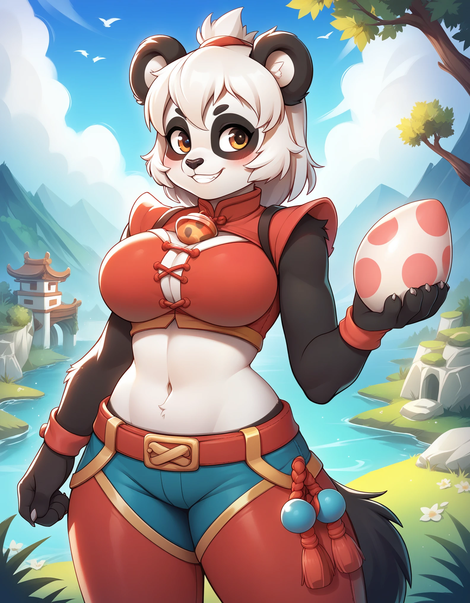 dofus, score_9, score_8_up, score_7_up, dofus, solo, pandawa, pandz,, blush, 1girl, navel, holding a shiny egg, animal ears,  smiling, solo, large breasts, outdoors, sky, pants, , furry, , body fur, over shoulder, white fur, animal nose,,  