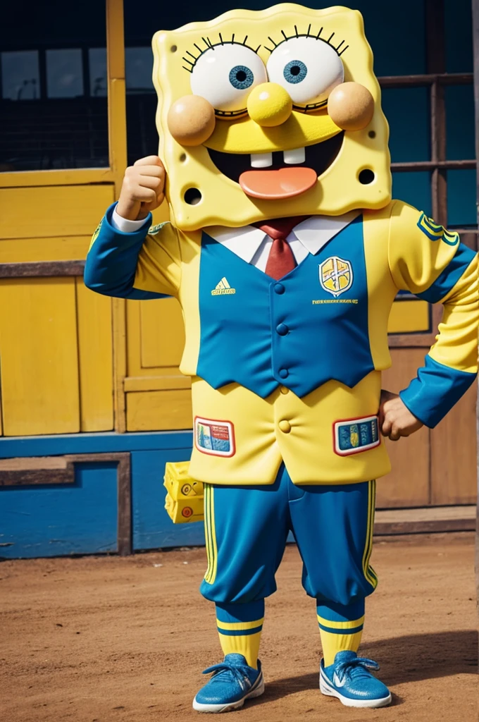 Spongebob with the uniform of the Colombian soccer team