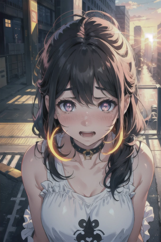 highres, highest quallity, illustration,  ultra detailed, (detailed face), (detailed eyes), soft lighting, best quality, hazy glow, dreamy atmosphere, hyper detailed, masterpiece, 1girl, solo,black long hair, (black eyes:1.2), (white tank top:1.0), luminous eyes, (colorful), (Looking Down from Above:1.8), (upturned eyes :1.5), outdoors, clouds, tall buildings in background, industrial, public transportation, urban, concrete, sidewalk,summer, black choker, silver bracelet,(wet:0.8),(sweat:0.8) ,backlighting, Radiant Sunset, Golden Embrace, Vibrant Twilight, Ablaze in Colors, Serenading Sun, looking pleasured,  (Beaming face,:1.2), (blush:1.3), Gleaming eyes, Sparkling gaze, (looking at viewer:1.2), (big laugh:1.3), great joy,open mouth,heart