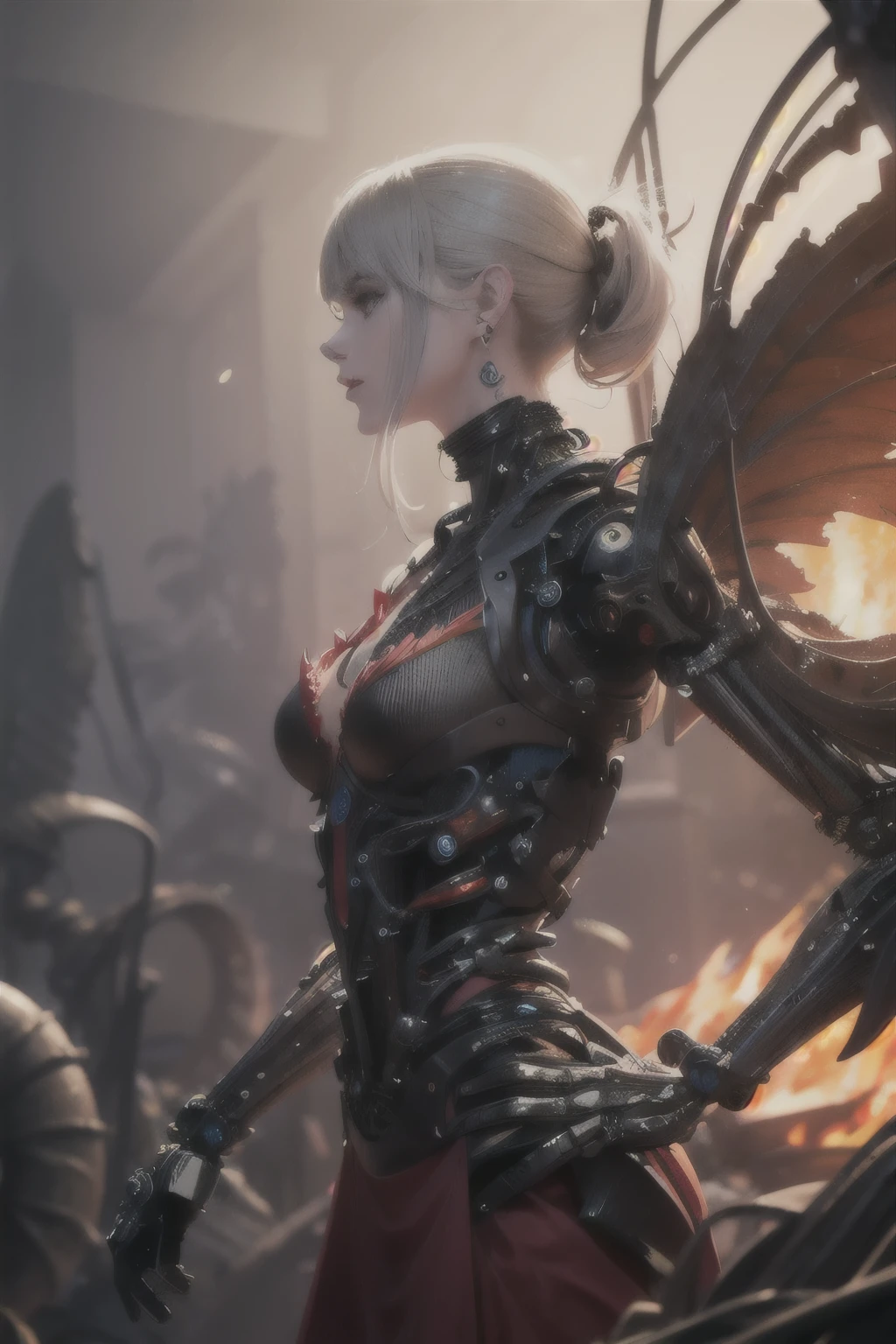 8K, fire ,red, flame,,explosion, , highly detailed, a beautiful ultra detailed of a beautiful profile, biomechanical cyborg,deamon 1mechanical girl,((ultra realistic details))woman with all ruby red dress, fantasy,, fantasy, intricate, elegant, highly detailed, , sharp focus, illustration,red black hole, MCSkin complex 3d render ultra detailed of a beautiful profile, biomechanical cyborg, analog, 150 mm lens, beautiful natural soft rim light, big leaves and stems, roots, fine foliage lace, colorful details, samourai, Boris Bidjan Saberi outfit, pearl earring, piercing, art nouveau fashion embroidered, intricate details, mesh wire, mandelbrot fractal, anatomical, facial muscles, cable wires, microchip, badass, hyper realistic, ultra detailed, octane render, volumetric lighting, 8k post-production, red and white with a bit of black, detailled metalic bones, semi human, iridescent colors, Glenn Brown style, white room,(art by David Sims:1.3),,dark theme