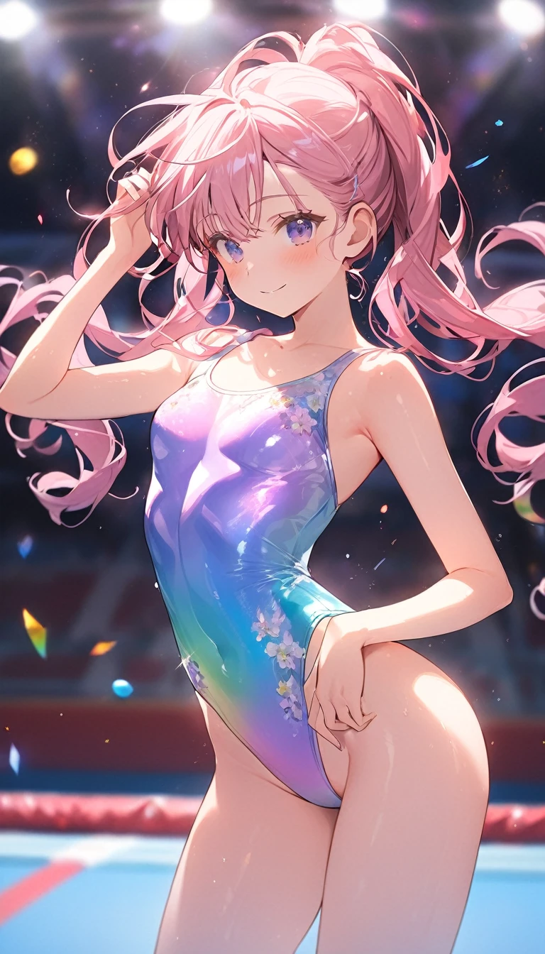 highquality illustration, masterpiece, very delicate and beautiful, attractive girl,(gymnastics leotard, Floral patterns leotard,long sleeve leotard with glittery decoration,high_leg leotard,athletic leotard,tight-fit leotard,iridescent gradient leotard,long-sleeve leotard),thin,slender body,slim,high school,gymnasium background,gymnastics club,gymnastics athlete,princess, beautiful eyes,light smile,(masterpiece, best quality:1.2), highres, extremely detailed CG unity 8k wallpaper, perfect lighting, Colourful, ultra-high res,4K,ultra-detailed, photography, 8K, HDR, 17 ages, full body,