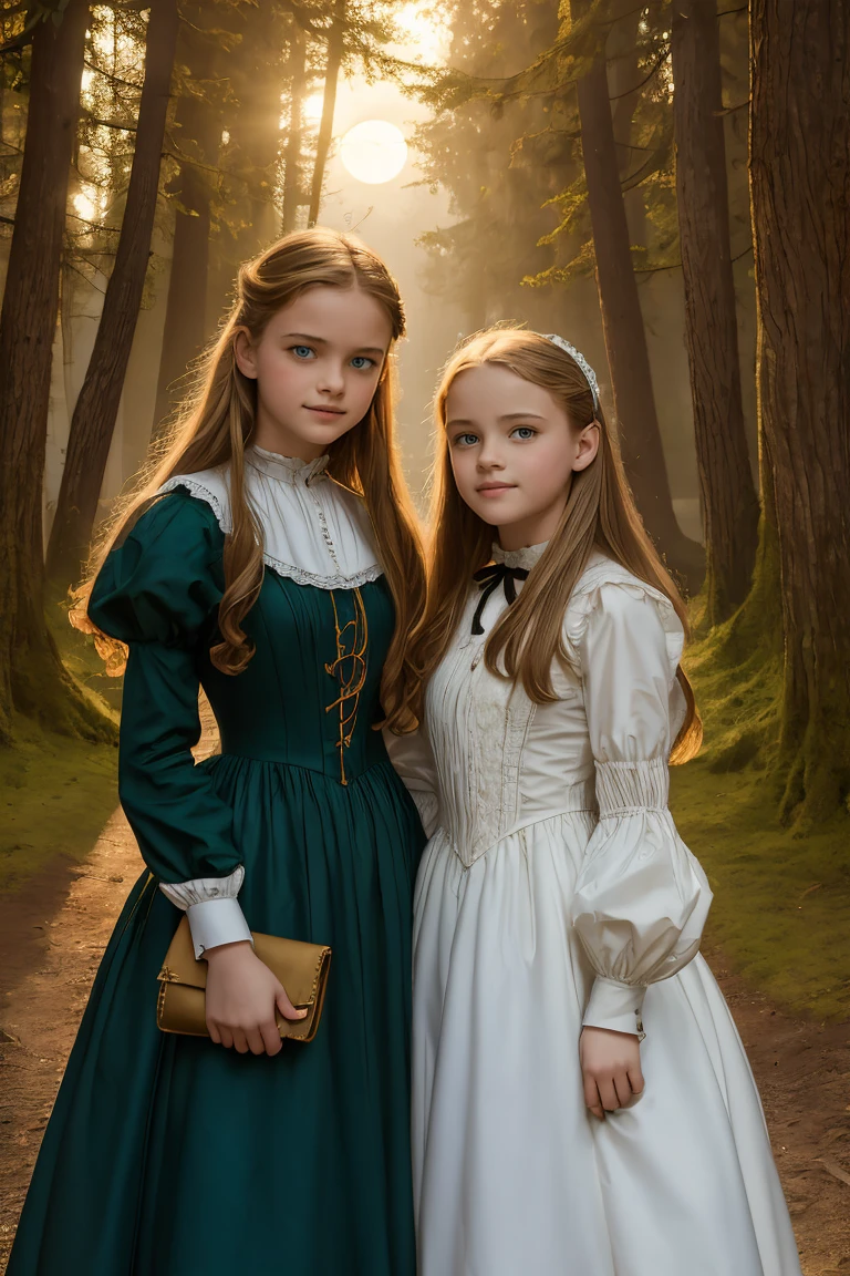 wide angle, detailed reproduction of a forest surrounded by fog up to a height of one meter. clear starry sky with a big full moon, bare trees, winter, two girls, (Virginia Otis, (blond hair, blue eyes)) pose with (16 years oldald (blond hair, green eyes)). Victorian style. thin, cute face, walks at night in Canterville Castle (inspired by the novel The Canterville Ghost). aged 1887, Victorian fantasy