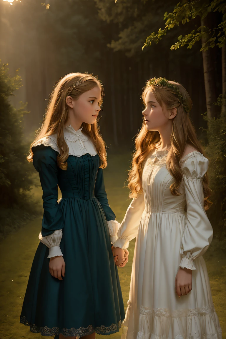 wide angle, detailed reproduction of a forest surrounded by fog up to a height of one meter. clear starry sky with a big full moon, bare trees, winter, two girls, (Virginia Otis, (blond hair, blue eyes)) pose with (16 years oldald (blond hair, green eyes)). Victorian style. thin, cute face, walks at night in Canterville Castle (inspired by the novel The Canterville Ghost). aged 1887, Victorian fantasy