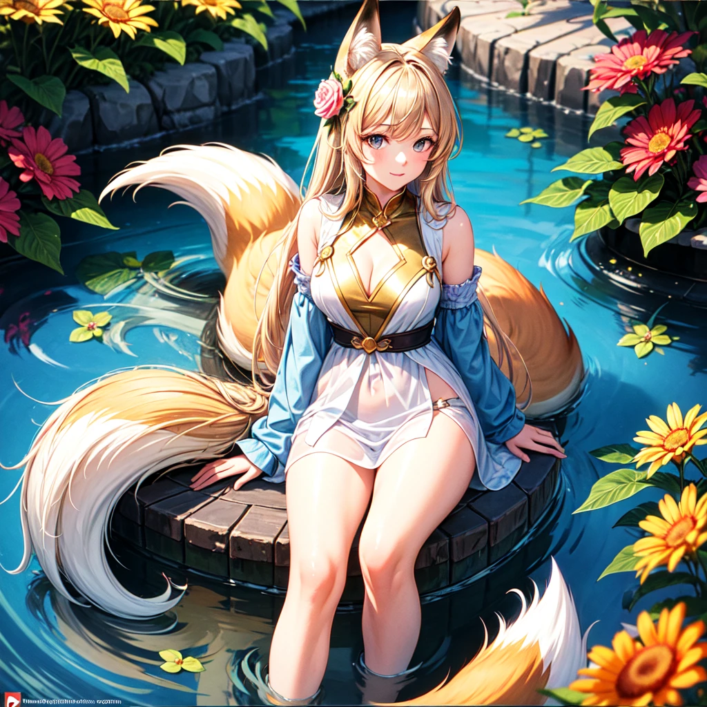 ((best quality)), ((masterpiece)), (detailed), 1girl, logo in a bright flower in a circle, inside of which sits a girl fox with ten tails,