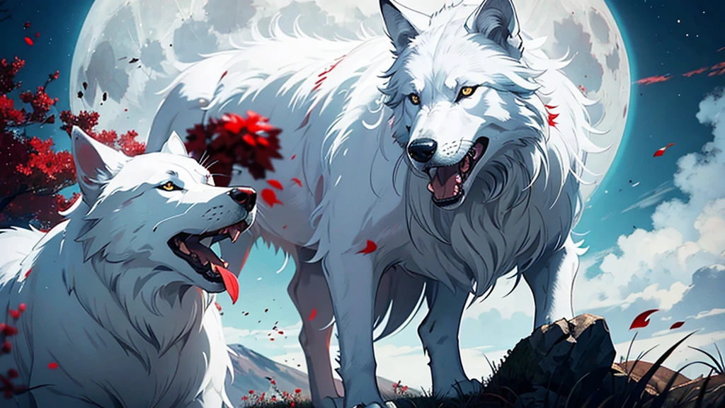 only a white wolf barking to the red, big moon,his eyes are red, his mouth opened wide