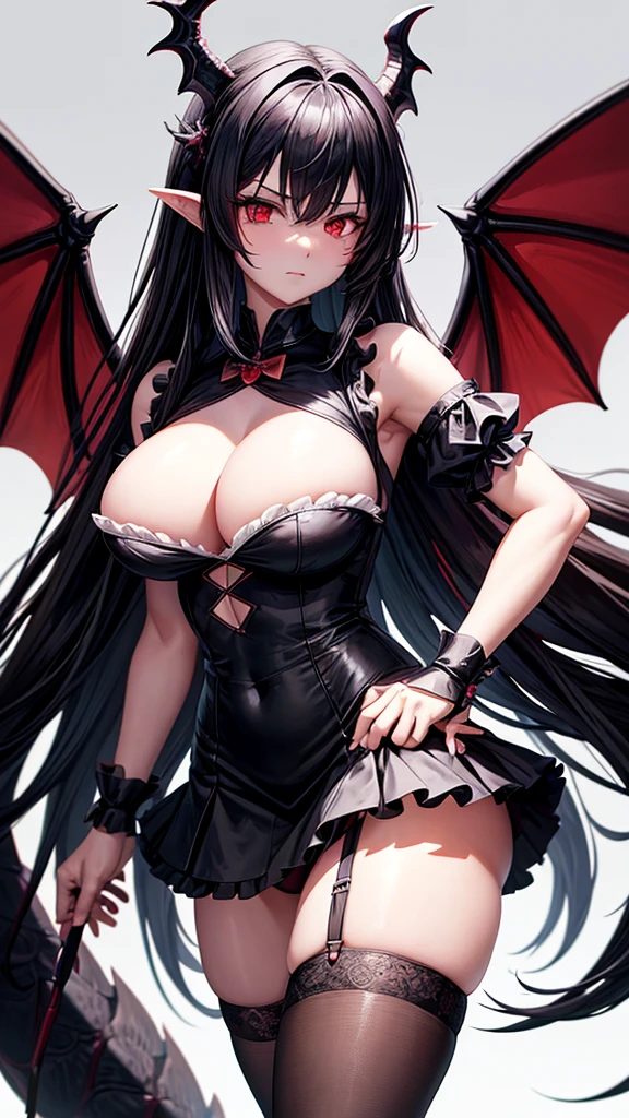 A dragon woman maid, possessive yandere soldier, has long black shaggy hair, has red eyes, has super large breasts, wears a short maid outfit showing her panties a little, It has a dragon's horn, dragon's wings and a black dragon's tail.