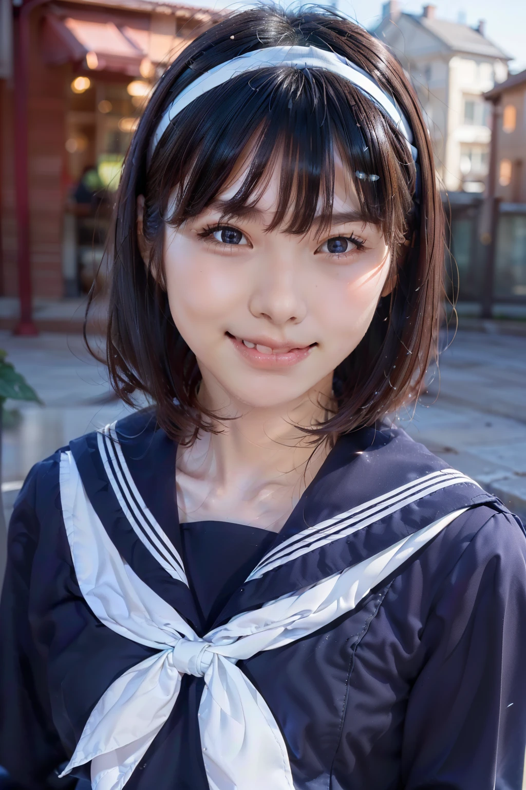Sailor suit, One Woman, (Beautiful woman, delicate :1.3), Black Hair, Short bobcut, bangs, (8k), (highest quality: 1.2), (Realistic), (Realistic: 1.37), (masterpiece), (Ultra-high resolution), (RAW Photos), (Absolute Resolution), (((face is small compared to body: 1.4))), (((Small face:1.4))), A balanced face, (Small Mouth: 1.4), ((Slim female body: 1.4)), (((long sleeve Sailor suit))), Realistic high school girl, (White headband:1.4), Small breasts, Slanted Eyes, Bright Blue Eyes, (Cafe on the open terrace), smile, Blurred, ((Full Body Shot)), Black Stockings, Black garter belt, Three white lines on the collar of a sailor suit,