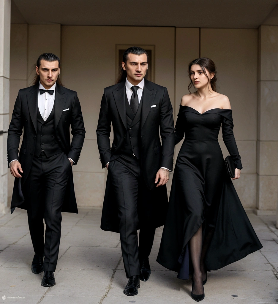 Mafia romanceA man and a woman in elegant, somewhat formal attire, but with a touch of rebellion or mystery. The man could be dressed in a dark suit, maybe with a coat thrown casually over the shoulder. The woman, with a dress or ensemble that denotes confidence and determination.