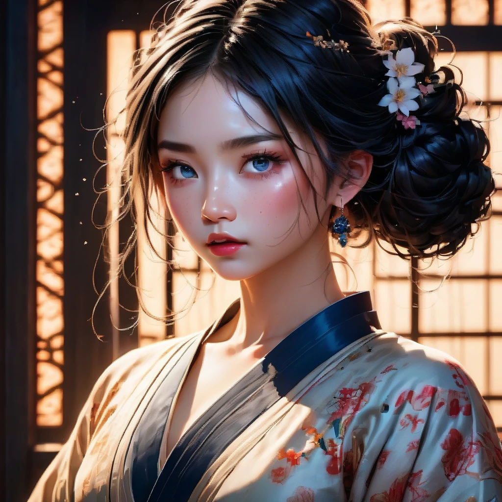 Shinobu Kocho, beautiful demon slayer girl, detailed intricate face, piercing eyes, delicate lips, long eyelashes, detailed porcelain skin, flowing hair, elegant kimono, dark fantasy, dramatic lighting, muted color palette, cinematic composition, digital painting, 8k, ultra-detailed, photorealistic, masterpiece
