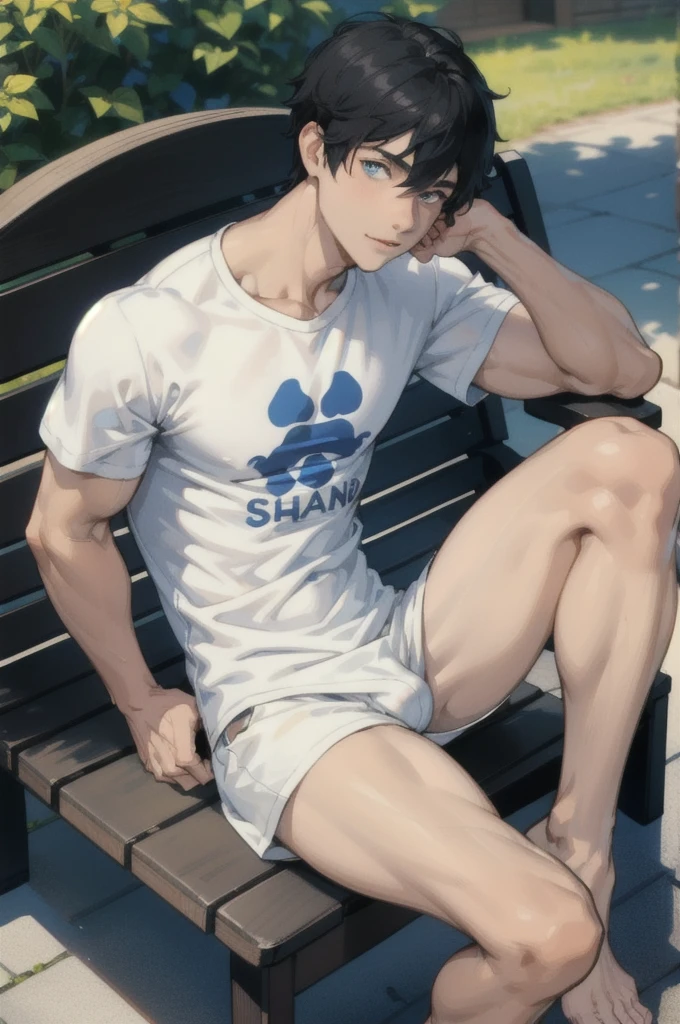 Very detailed black hair boy, detailed realistic blue eyes, muscular, wearing t-shirt, short blanco, with an erection, sitting on a bench, barefoot 