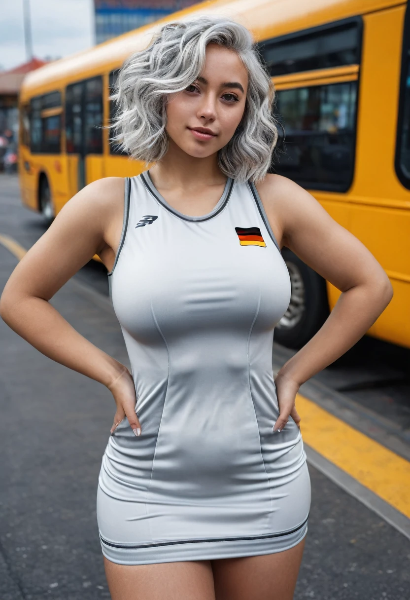 selfie-mode, Sierra, a young, athletic woman, midsize breasts, round booty, curvy hips, (shoulder-short, unusually_white_hair_with_grey_strands, full_hair, wavy_hair, messy_hair:1.3), (wearing bodycon dress like German soccer jersey), at a bus station, taking selfie, natural skin, cinematic, colorful background, concept art, 8k, dramatic lighting, high detail, highly detailed, hyper realistic, intricate, intricate sharp details, octane render, smooth, studio lighting, trending on artstation