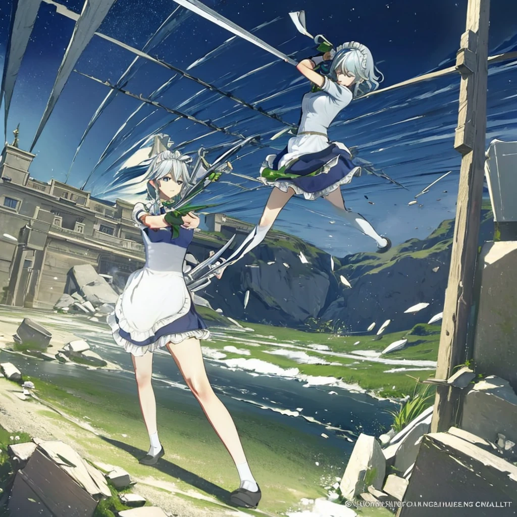 (((High quality))), Sakuya Izayoi, holding knives, epic fight stand, solo, full body