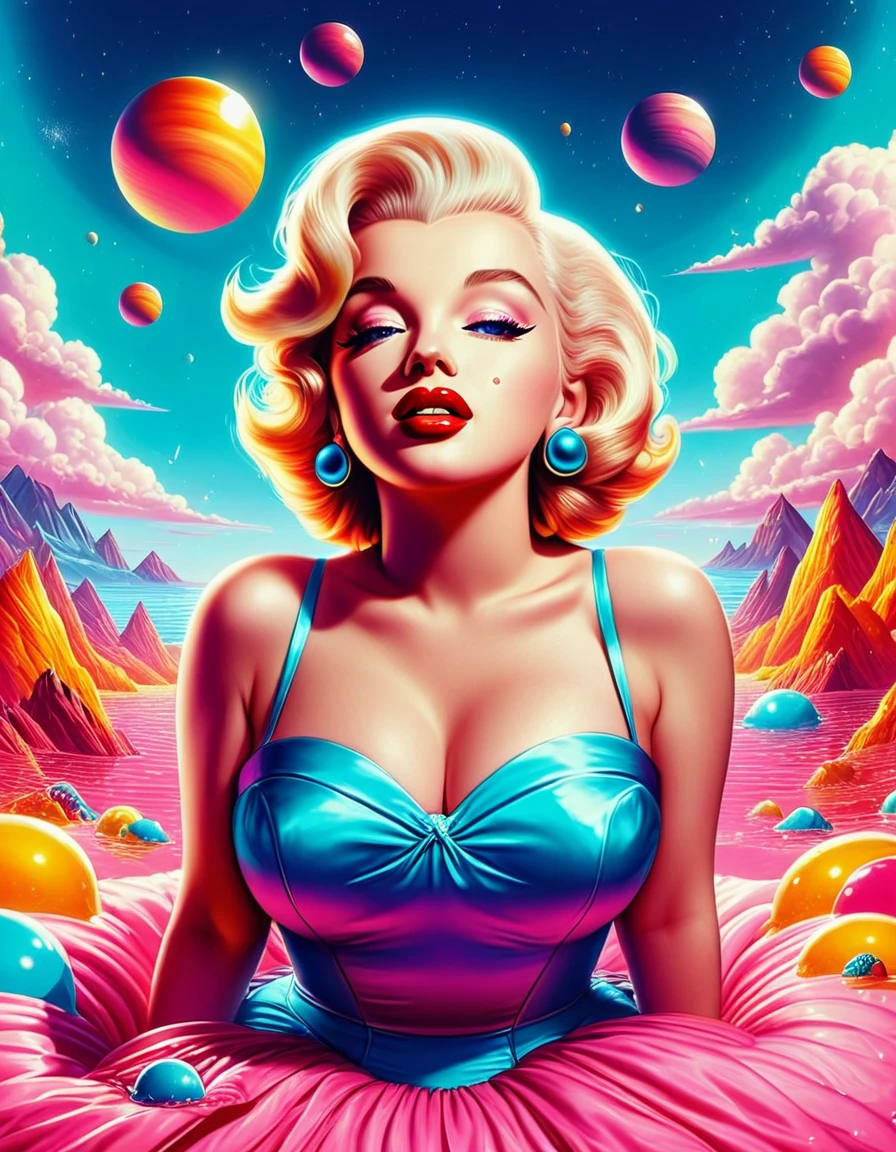 A surrealist photo of Marilyn Monroe, with dreamlike elements and imaginative, otherworldly details. Hyper-realistic, vibrant colors, 16k