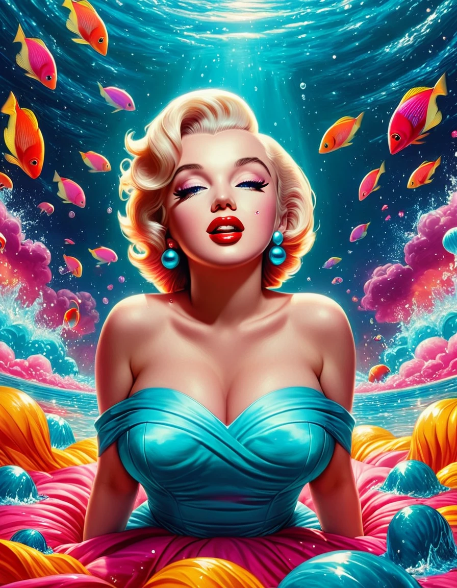 A surrealist photo of Marilyn Monroe, with dreamlike elements and imaginative, otherworldly details. Hyper-realistic, vibrant colors, 16k