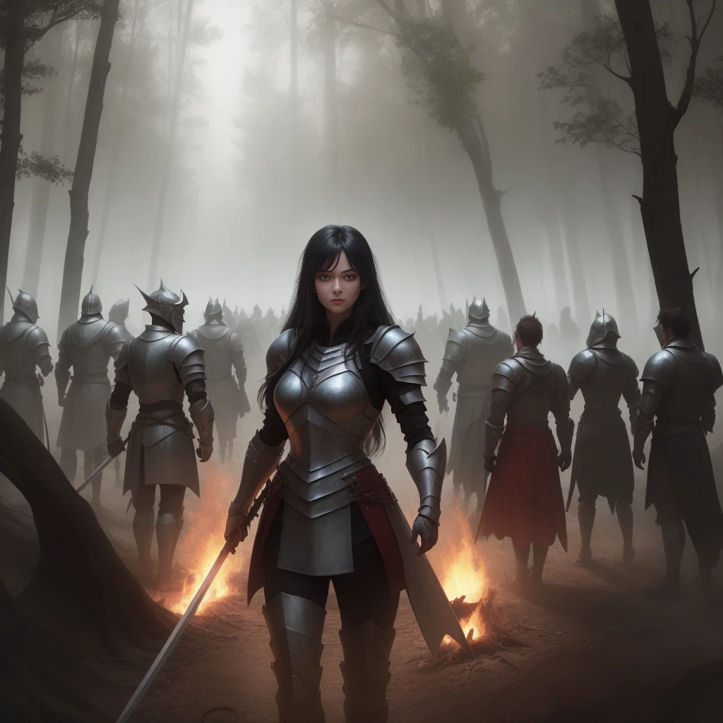 Women + wearing silver knight armor + carrying a sword+ posing fencing+ Red eyes + long black hair + burned forest in the background+ surrounded by people 