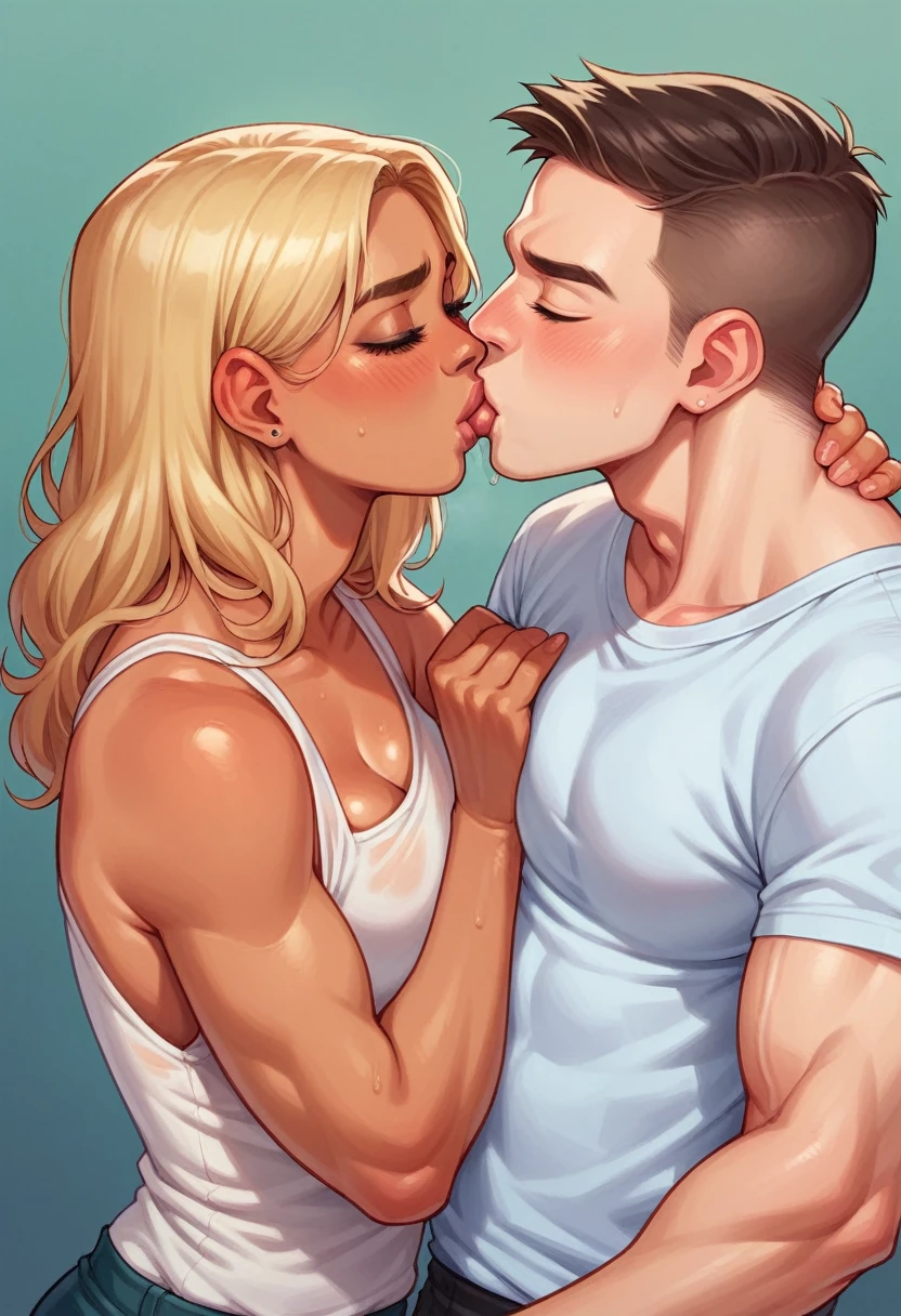 Hijabi Muslim woman kisses muscular blonde man