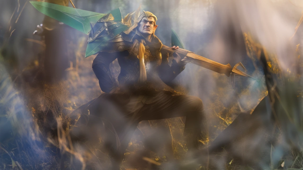 A full-body elf ranger wearing leather armor, his aged green boots show that his adventures are many, he holds his elven lingo bow, her hair is black and her eyes are green, your body is muscular and well balanced, He walks on a shingle in the forest where the trees are green and the ground is covered with grass, behind a tree there is an orc armed with an ax lurking, the orc wears orc armor repeats of spikes, he wears a helmet with horns