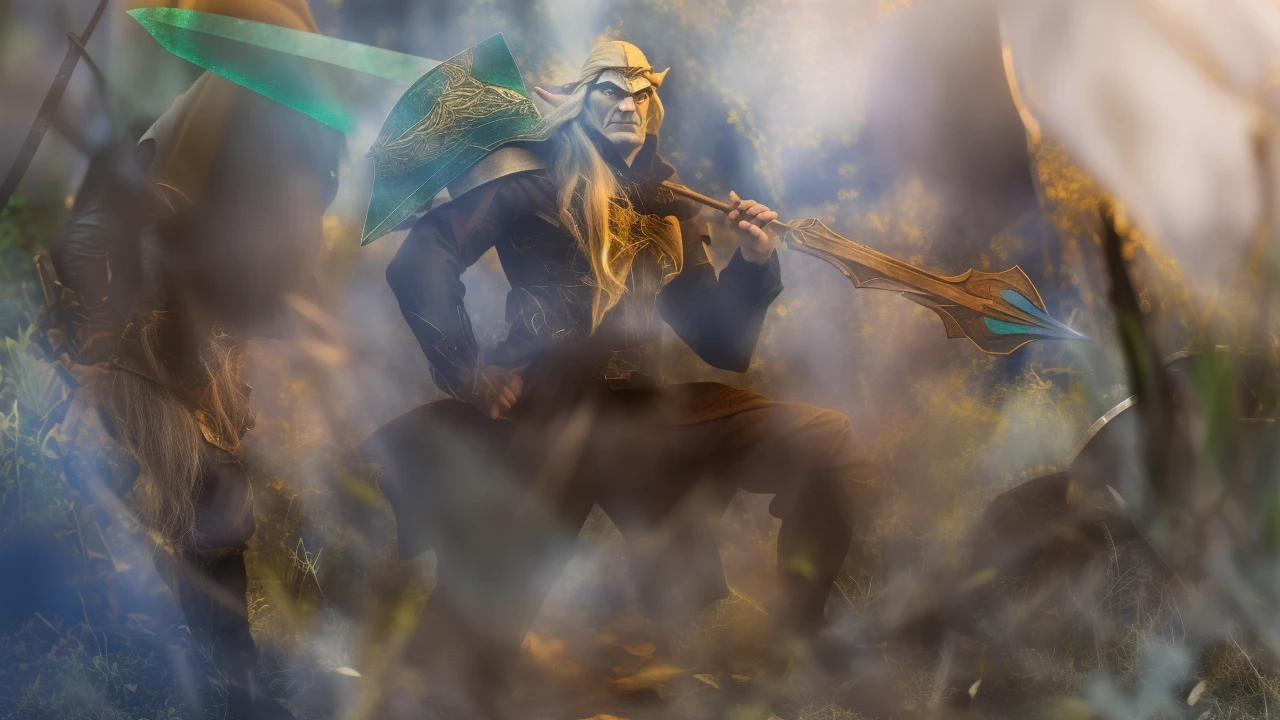 A full-body elf ranger wearing leather armor, his aged green boots show that his adventures are many, he holds his elven lingo bow, her hair is black and her eyes are green, your body is muscular and well balanced, He walks on a shingle in the forest where the trees are green and the ground is covered with grass, behind a tree there is an orc armed with an ax lurking, the orc wears orc armor repeats of spikes, he wears a helmet with horns