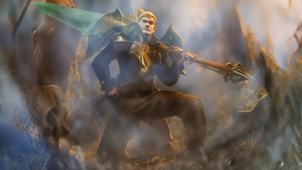 A full-body elf ranger wearing leather armor, his aged green boots show that his adventures are many, he holds his elven lingo bow, her hair is black and her eyes are green, your body is muscular and well balanced, He walks on a shingle in the forest where the trees are green and the ground is covered with grass, behind a tree there is an orc armed with an ax lurking, the orc wears orc armor repeats of spikes, he wears a helmet with horns
