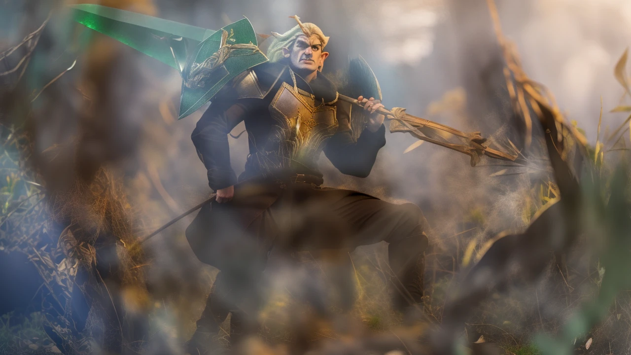 A full-body elf ranger wearing leather armor, his aged green boots show that his adventures are many, he holds his elven lingo bow, her hair is black and her eyes are green, your body is muscular and well balanced, He walks on a shingle in the forest where the trees are green and the ground is covered with grass, behind a tree there is an orc armed with an ax lurking, the orc wears orc armor repeats of spikes, he wears a helmet with horns
