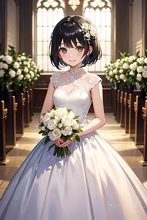 Highest quality、Black Hair、Iris、short hair、girl、cute、、、Small hair ornament、1 person、Wedding dress、White、In front of the chapel、Bouquet in the hand、A smile that turns around、looks happy、