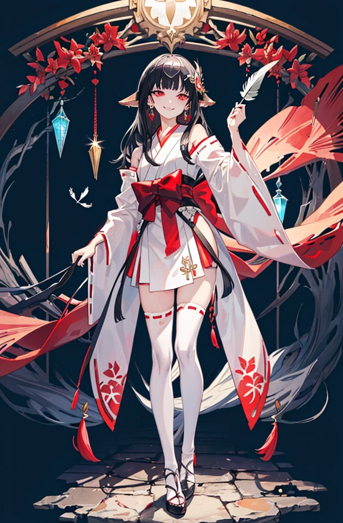 [(detailed Background:1.4)::5],Original,(Illustration:1.1),(Best Quality),(masutepiece:1.1),(the Extremely Detailed CG Unity 8K Wallpapers:1.1), (Colorful:0.9),(mid-shot:0.95),(very detailed beautiful full body),Dynamic Angle,(Solo:1.2), (girl),(((Adult))), (Detailed beautiful eyes:1.15), (Beautiful face:1.15), (glowing red eyes:1.25////),(black hair),paleskin，Pink pupils，Red bow，amaryllis，((Evil smile))，Crystal earrings on the ears，Raven feather skirt,full body,wearing miko thighhighs,((black long hair)),black long hair,night,slim body,thin legs,slender,