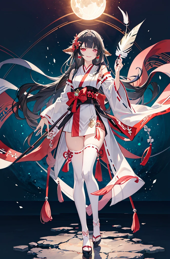 [(detailed Background:1.4)::5],Original,(Illustration:1.1),(Best Quality),(masutepiece:1.1),(the Extremely Detailed CG Unity 8K Wallpapers:1.1), (Colorful:0.9),(mid-shot:0.95),(very detailed beautiful full body),Dynamic Angle,(Solo:1.2), (girl),(((Adult))), (Detailed beautiful eyes:1.15), (Beautiful face:1.15), (glowing red eyes:1.25////),(black hair),paleskin，Pink pupils，Red bow，amaryllis，((Evil smile))，Crystal earrings on the ears，Raven feather skirt,full body,wearing miko thighhighs,((black long hair)),black long hair,night,slim body,thin legs,slender,