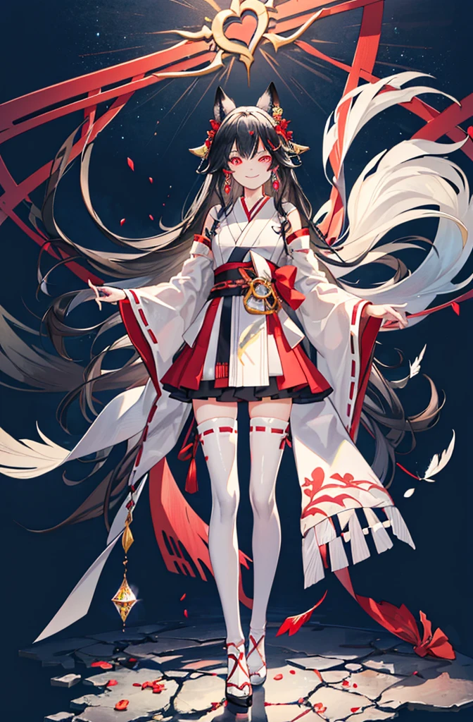 [(detailed Background:1.4)::5],Original,(Illustration:1.1),(Best Quality),(masutepiece:1.1),(the Extremely Detailed CG Unity 8K Wallpapers:1.1), (Colorful:0.9),(mid-shot:0.95),(very detailed beautiful full body),Dynamic Angle,(Solo:1.2), (girl),(((Adult))), (Detailed beautiful eyes:1.15), (Beautiful face:1.15), (glowing red eyes:1.25////),(black hair),paleskin，Pink pupils，Red bow，amaryllis，((Evil smile))，Crystal earrings on the ears，Raven feather skirt,full body,wearing miko thighhighs,((black long hair)),black long hair,night,slim body,thin legs,slender,