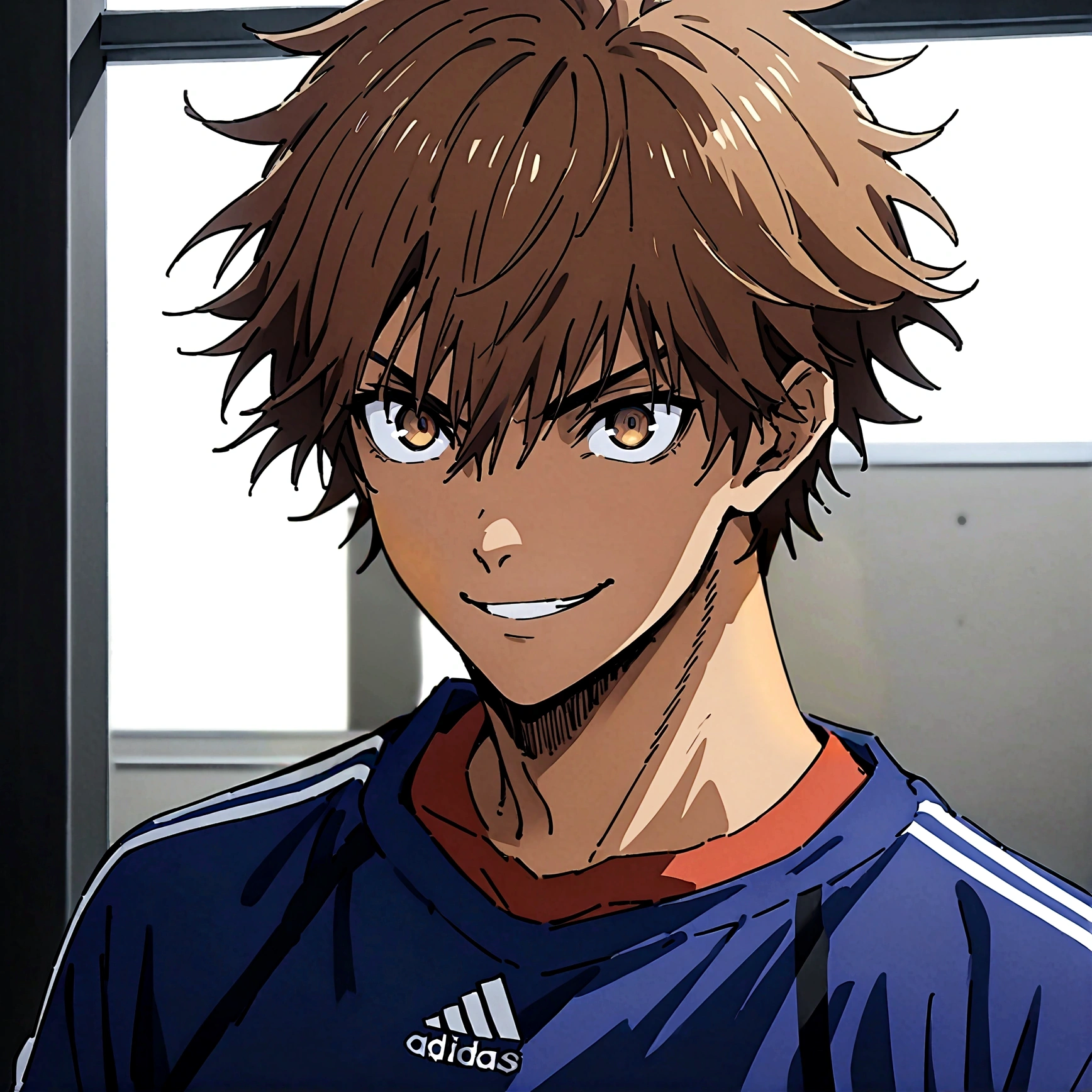 1boy, lion eyes, Vestindo a camisa da seleção da Espanha da Adidas, Sentado no centro do campo, brown eyes, fashionable hair, brown hair, red shirt, number 11, looking at the side, short hair, upperbody, messy hair, detailed eyes, {brown skin}, {smirk}, masterpiece, best quality, {{{long hair}}}