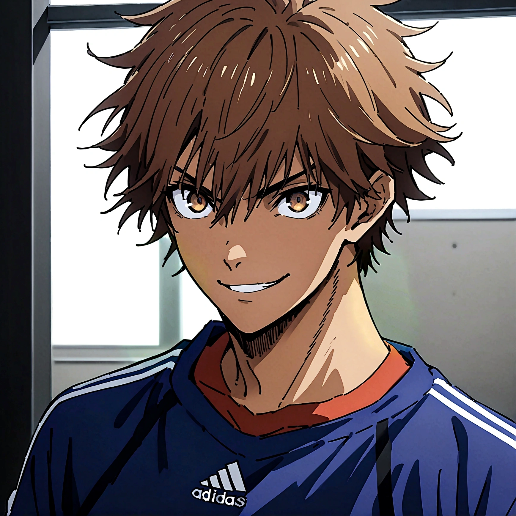 1boy, lion eyes, Vestindo a camisa da seleção da Espanha da Adidas, Sentado no centro do campo, brown eyes, fashionable hair, brown hair, red shirt, number 11, looking at the side, short hair, upperbody, messy hair, detailed eyes, {brown skin}, {smirk}, masterpiece, best quality, {{{long hair}}}