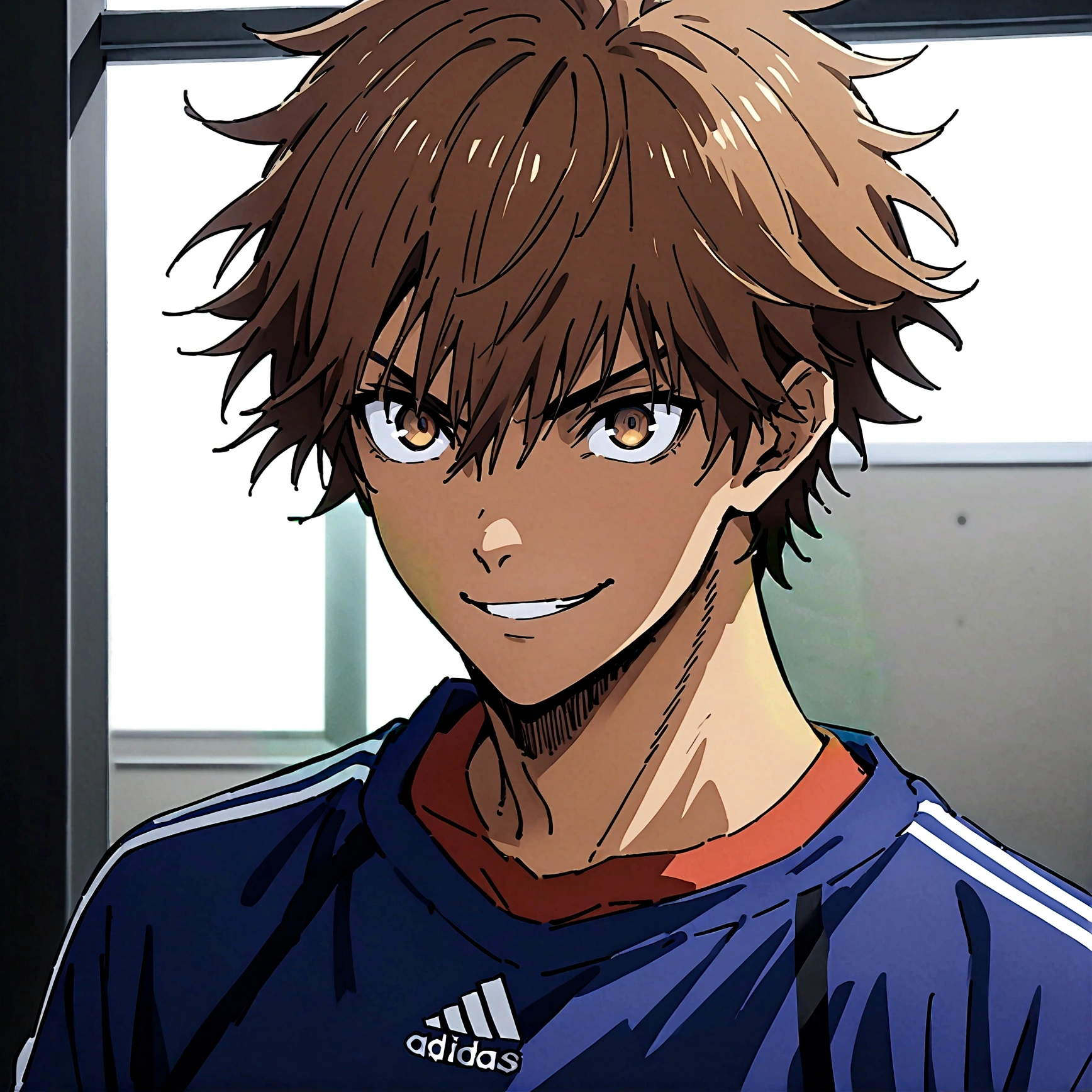 1boy, lion eyes, Vestindo a camisa da seleção da Espanha da Adidas, Sentado no centro do campo, brown eyes, fashionable hair, brown hair, red shirt, number 11, looking at the side, short hair, upperbody, messy hair, detailed eyes, {brown skin}, {smirk}, masterpiece, best quality, {{{long hair}}}