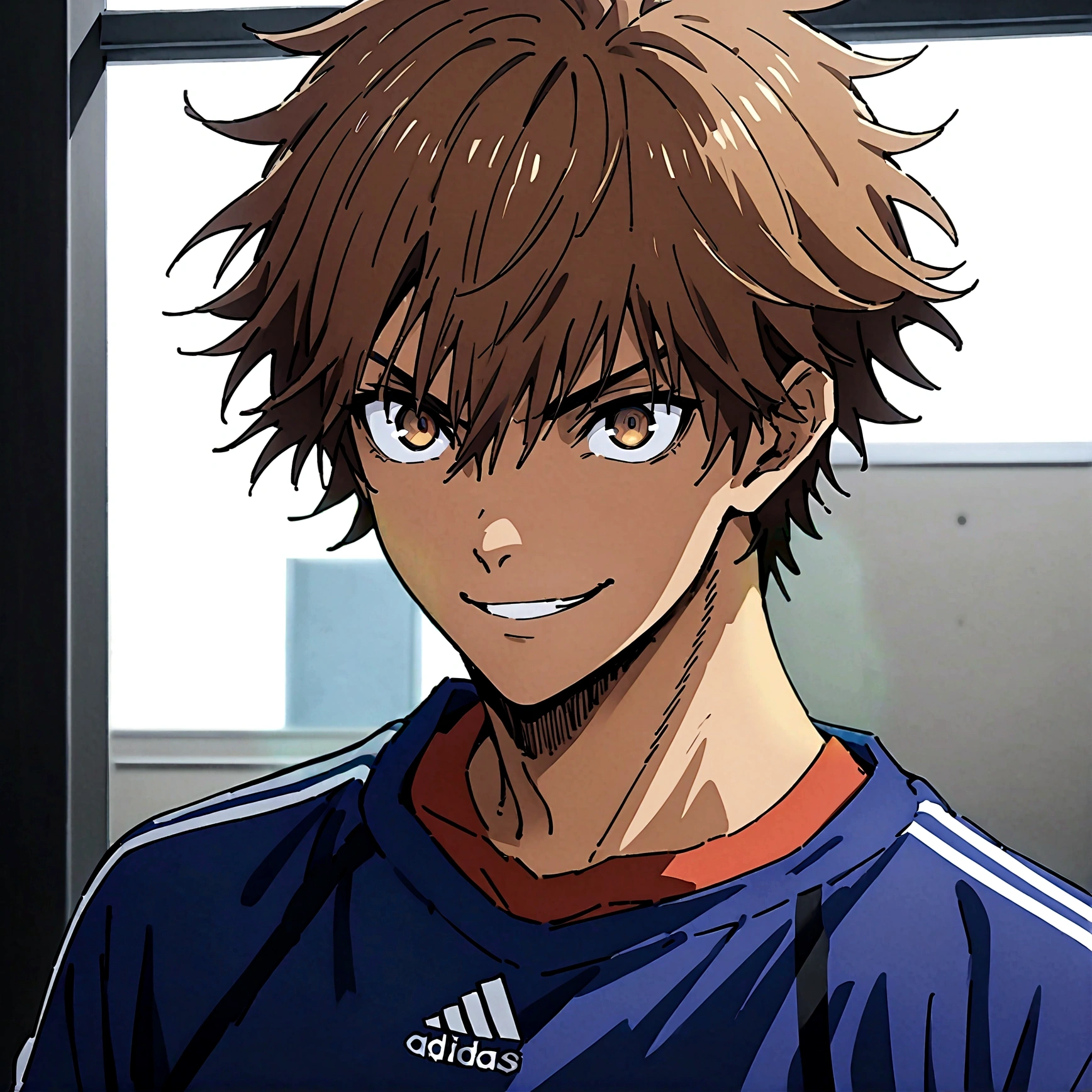 1boy, lion eyes, Vestindo a camisa da seleção da Espanha da Adidas, Sentado no centro do campo, brown eyes, fashionable hair, brown hair, red shirt, number 11, looking at the side, short hair, upperbody, messy hair, detailed eyes, {brown skin}, {smirk}, masterpiece, best quality, {{{long hair}}}