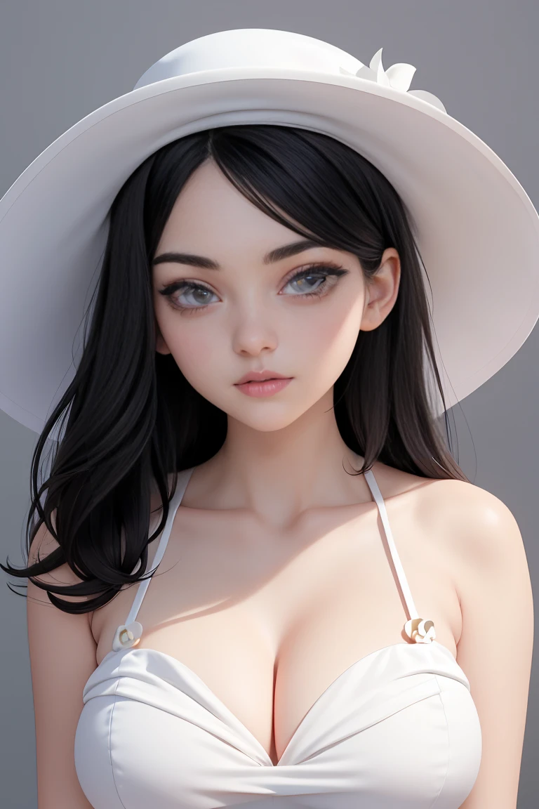 (best quality, masterpiece, perfect face) black hair, 18 years old pale girl, big bust, white sundress, H-cup, big white hat
