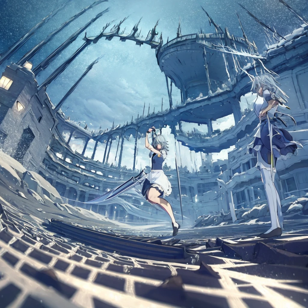 (((High quality))), Sakuya Izayoi, holding knives, epic fight stand, solo, full body