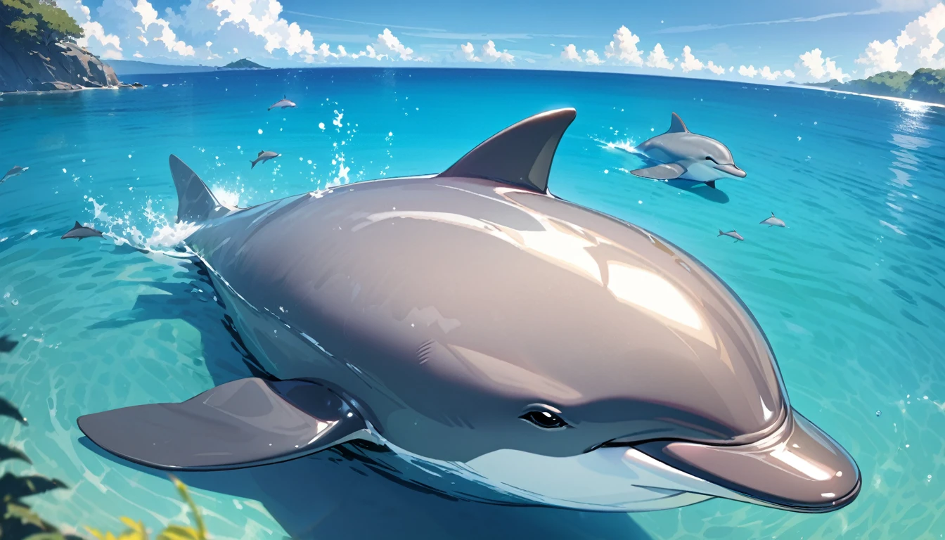 Solo, no humans, animals, Dolphin, animal-centered, masterpiece, highest quality, cute, detailed description, natural scenery, relaxing,In the sea
