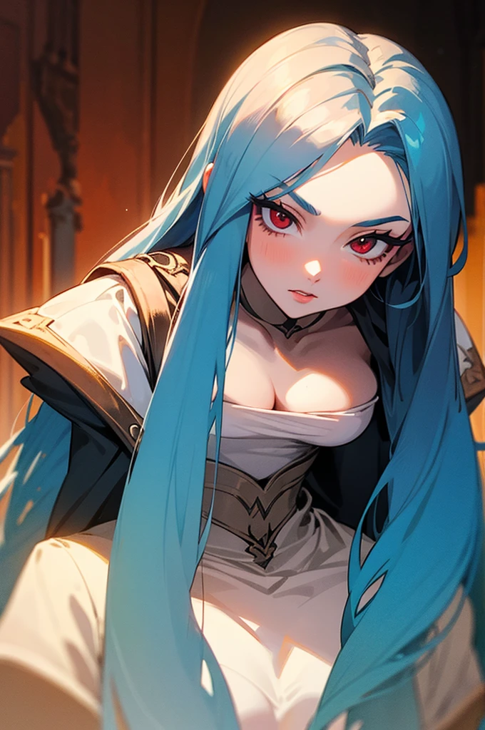 A boy with long blue hair, Red eyes, white eyelashes with feminine features but very attractive in the style of the anime Castlevania