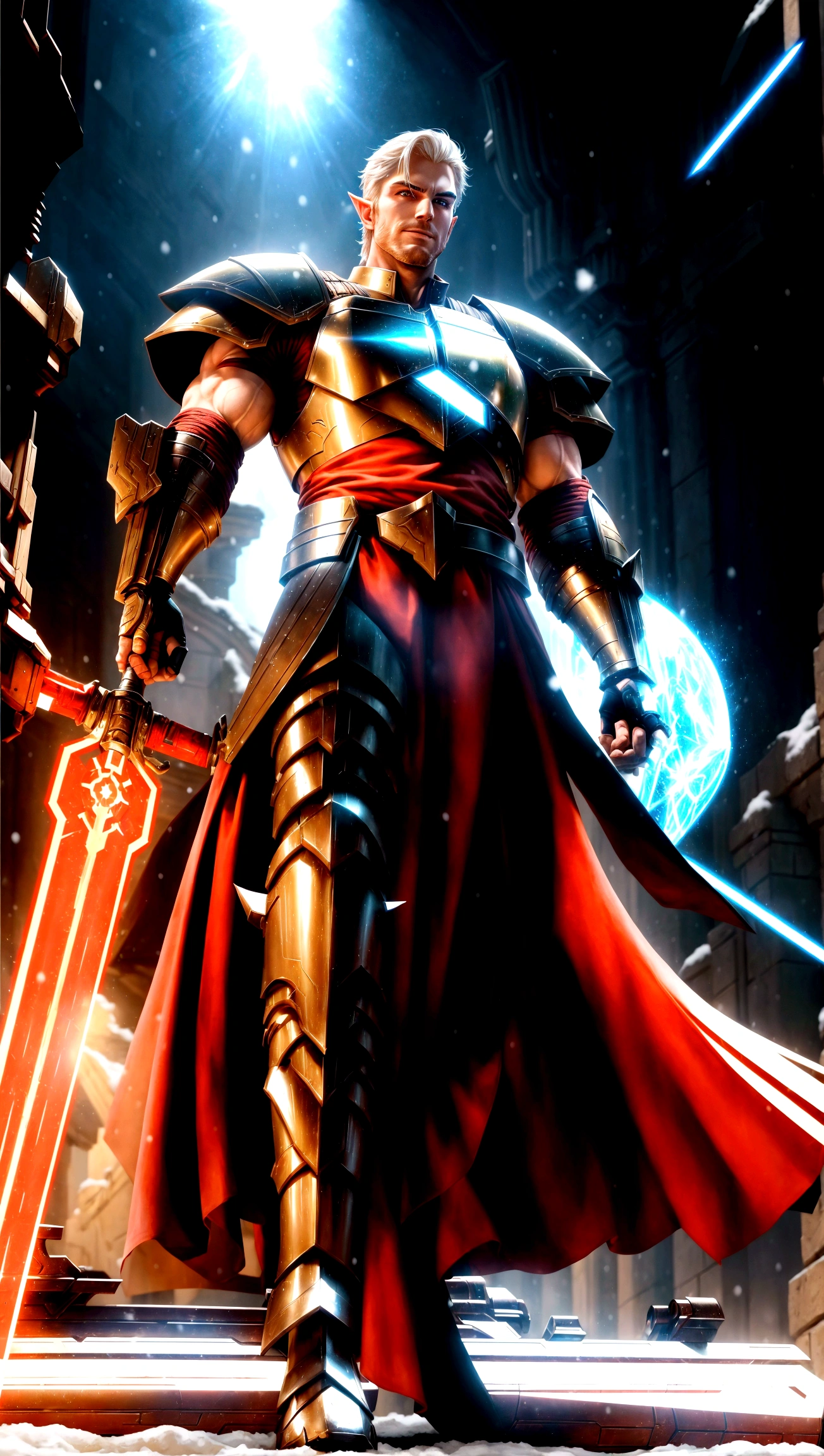 full body shot, star wars, 3d shading, tall brawny muscular, pale white skin, snow elf, subtle grin, long scarlet red tied back hair, thick eyebrows and stubble, red eyes, holding his twohanded claymore greatsword the large green plasma blade, black half plate armor with a Pauldron and dark brown leather accents, bright space station background