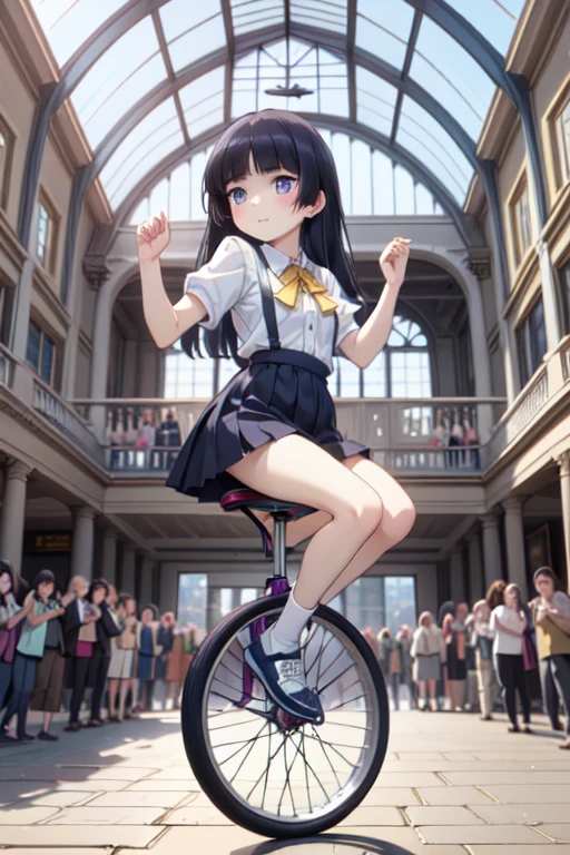 (ruri gokou), (((riding a high unicycle))), (((arch skylight and ceiling))), (((juggling))), (((crowd))), ((dancing)), ((raise arms)), ((busking)), ((fluttering hair)), Bare legs, backlighting, pavement bricks, covent garden by georgian architecture style, fingers,  Mole, Mole under eye, girl, (alone), , Black socks, Short sleeve,  Grey Skirt, Hime cut, push into, Collared shirt, Yellow ribbon, blue eyes, 