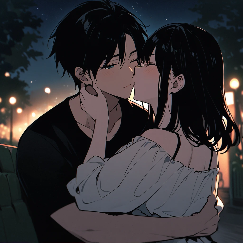 Couple kissing in the park at night、The woman has straight black hair, her eyes closed, and is wearing a white off-the-shoulder blouse.、The man has his eyes closed and is wearing a black T-shirt