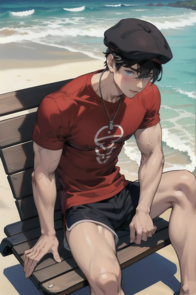 Very detailed black hair boy, detailed realistic blue eyes, muscular, shirtless, wearing short red shorts, wearing a cap, barefoot, sitting on a bench on the beach 